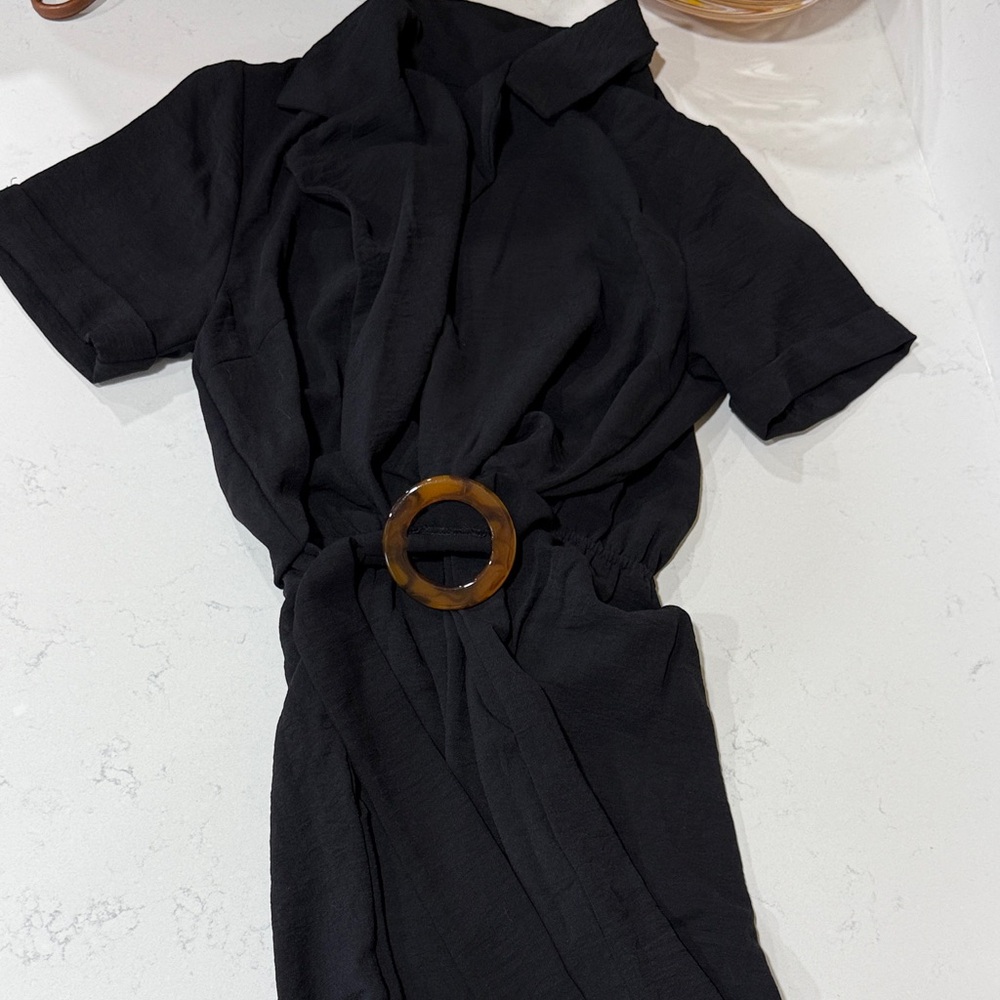 Light Fabric Black Jumpsuit with Tortoise Shell Belt